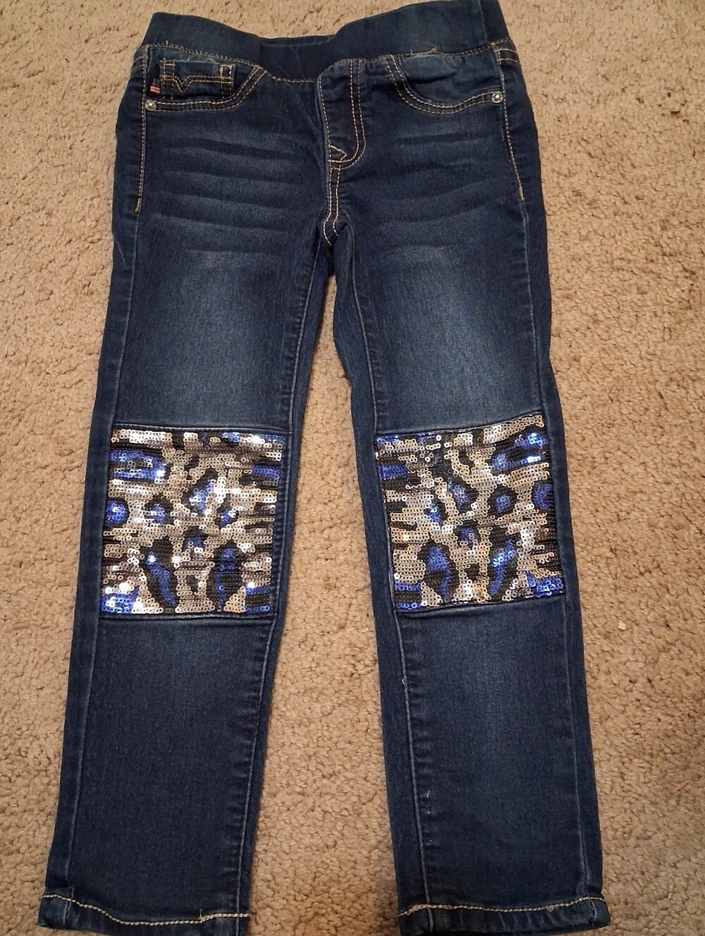 Vigoss Dark Blue Skinny Jeans with Sequin Leopard Knee Panels